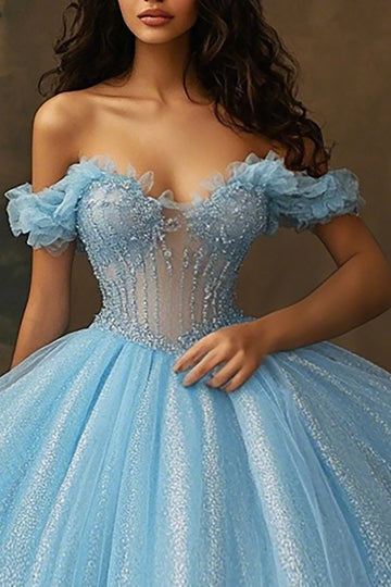 Sky Blue Glitter Corset Ball Gown Long Princess Quinceanera Dress with Ruffles